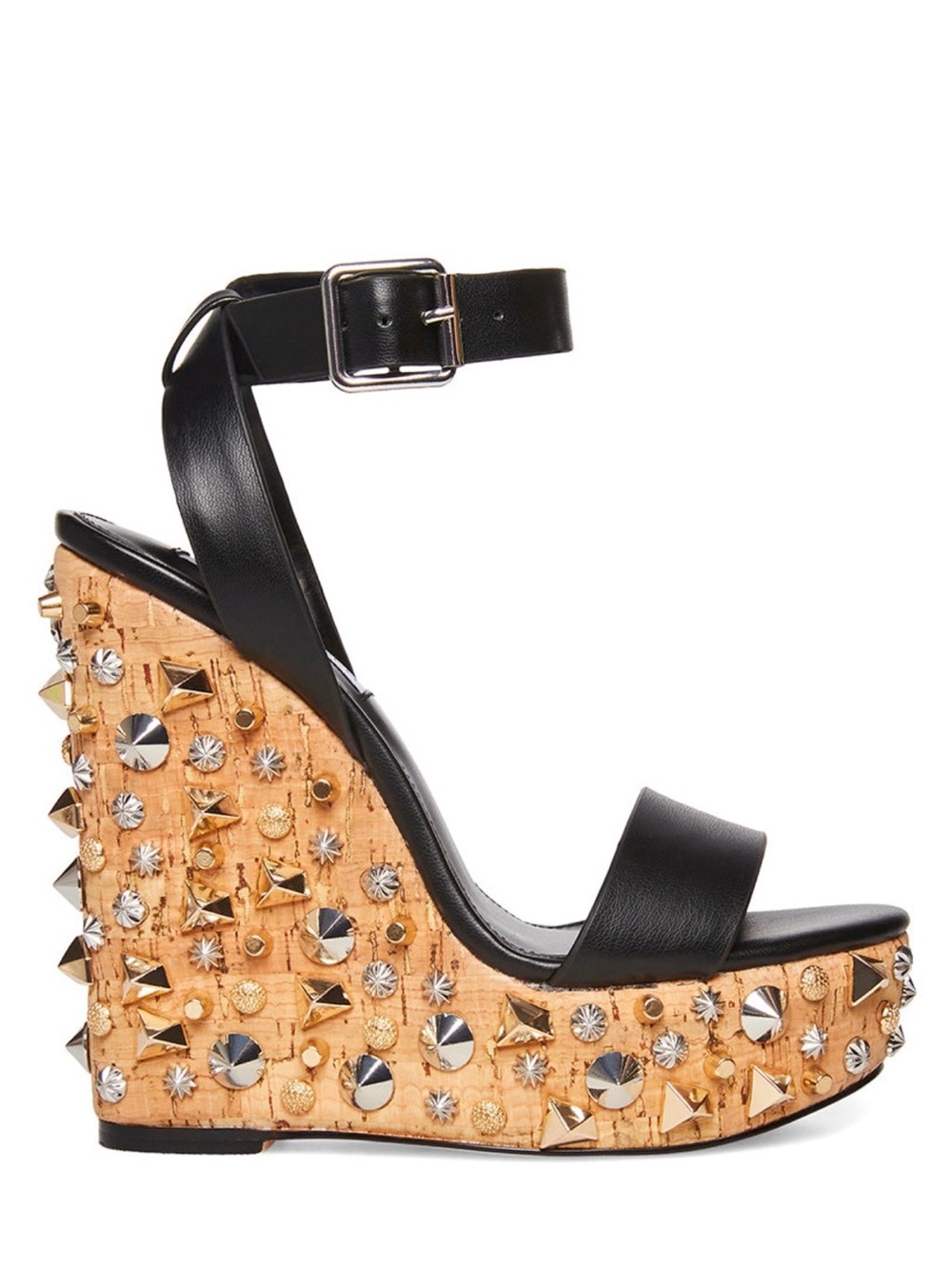 {Steve Madden} Alika Mixed Metallic Embellished Cork Wedge Platforms Sandals